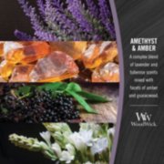 photo collage for woodwick amethyst and amber fragrance with text that reads, a complex blend of lavender and tuberose scents mixed with facets of amber and guaiacwood image number 3