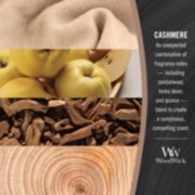 woodwick cashmere fragrance in 2d photo collage with text that reads, an unexpected combination of fragrance notes, including sandalwood, tonka bean, and quince, blend to create a sumptuous, compelling scent image number 5