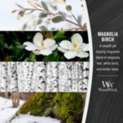 woodwick magnolia birch fragrance in 2d photo collage with text that reads, a smooth yet bracing fragrance blend of magnolia leaf, white birch, and winter moss image number 2