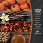 woodwick pumpkin praline fragrance in 2d photo collage with text that reads, an indulgent fragrance of pumpkin sweetened with maple and spiced by ginger and nutmeg image number 2