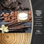 photo collage for woodwick tonka and almond milk fragrance with text that reads, creamy almond milk with subtle hints of tonka bean, cedar, and willow image number 2
