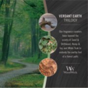 photo collage for woodwick verdant earth trilogy fragrance with text that reads, our fragrance curators have layered the scents of sand and driftwood, hemp and ivy, and white teak to embody the earthy feel of a forest path image number 2