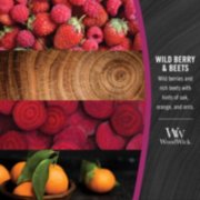 photo collage for woodwick wild berry and beets fragrance with text that reads, wild berries and rich beets with hints of oak, orange, and orris image number 2