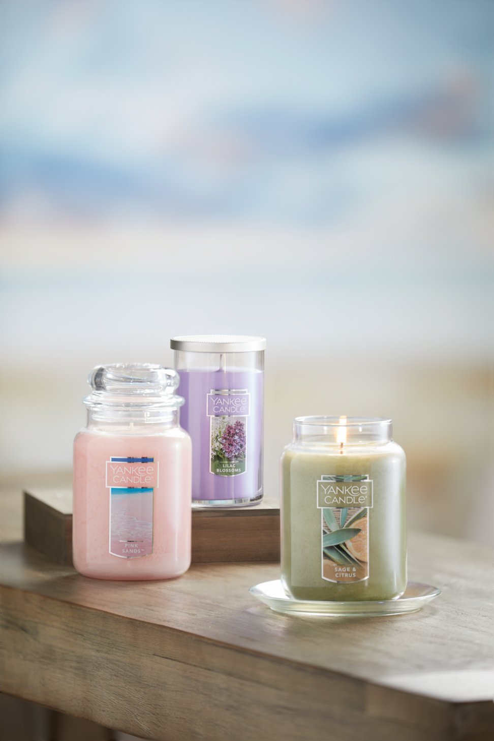 sage and citrus pink sands large jar candles and medium perfect pillar candle on table