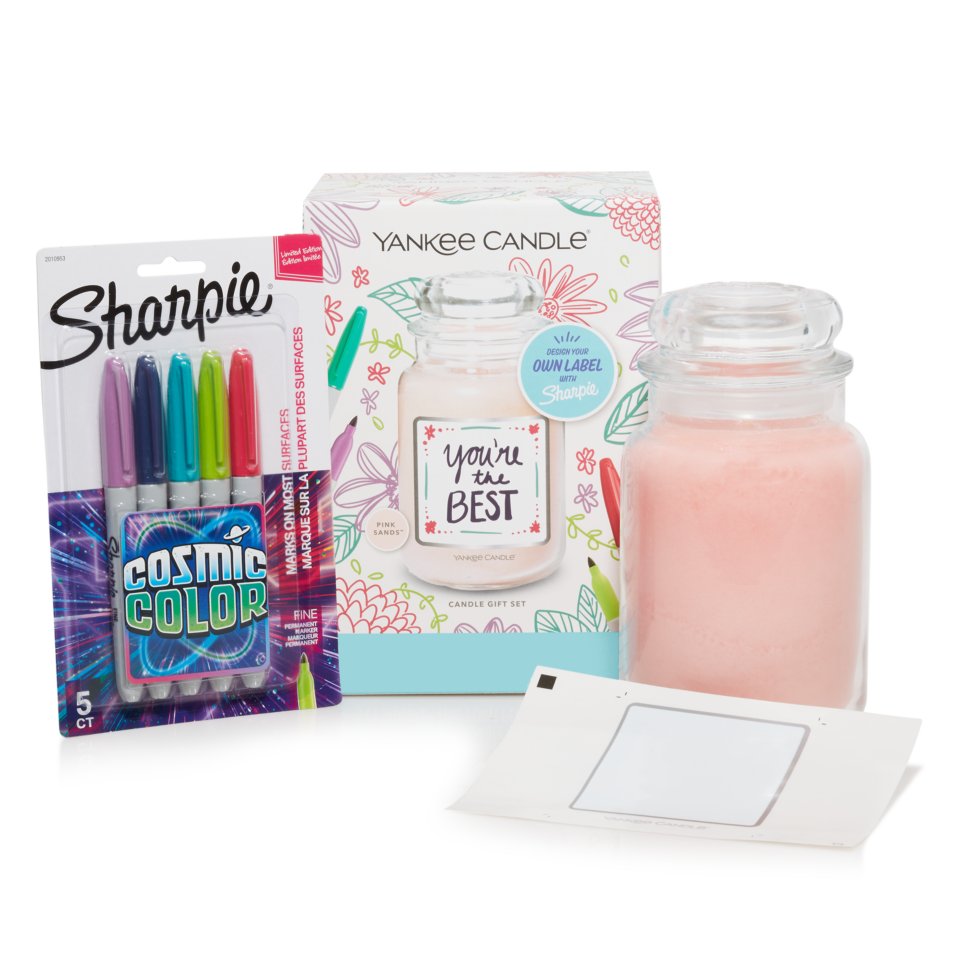 a pack of cosmic color sharpies, a create your own one-of-a-kind candle label craft set, a blank white label, and a pink-colored original large jar candle