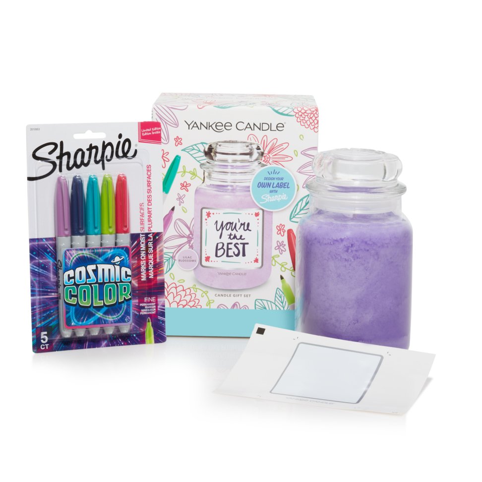 a pack of cosmic color sharpies, a create your own one-of-a-kind candle label gift set, a blank label, and a purple-colored original large jar candle