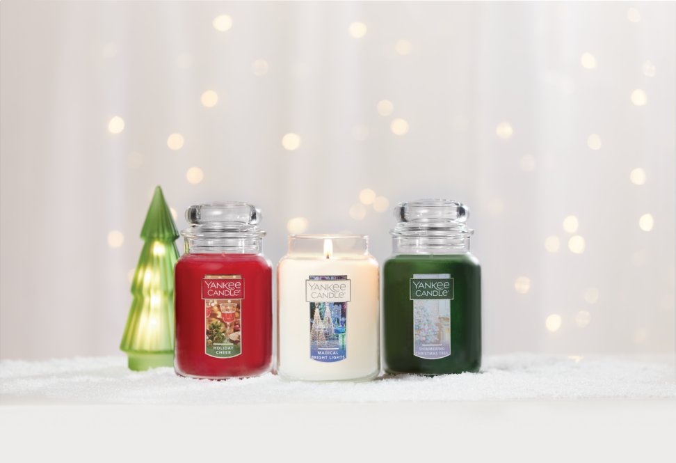 three festive original large jar candles with glass tree and snowy surface
