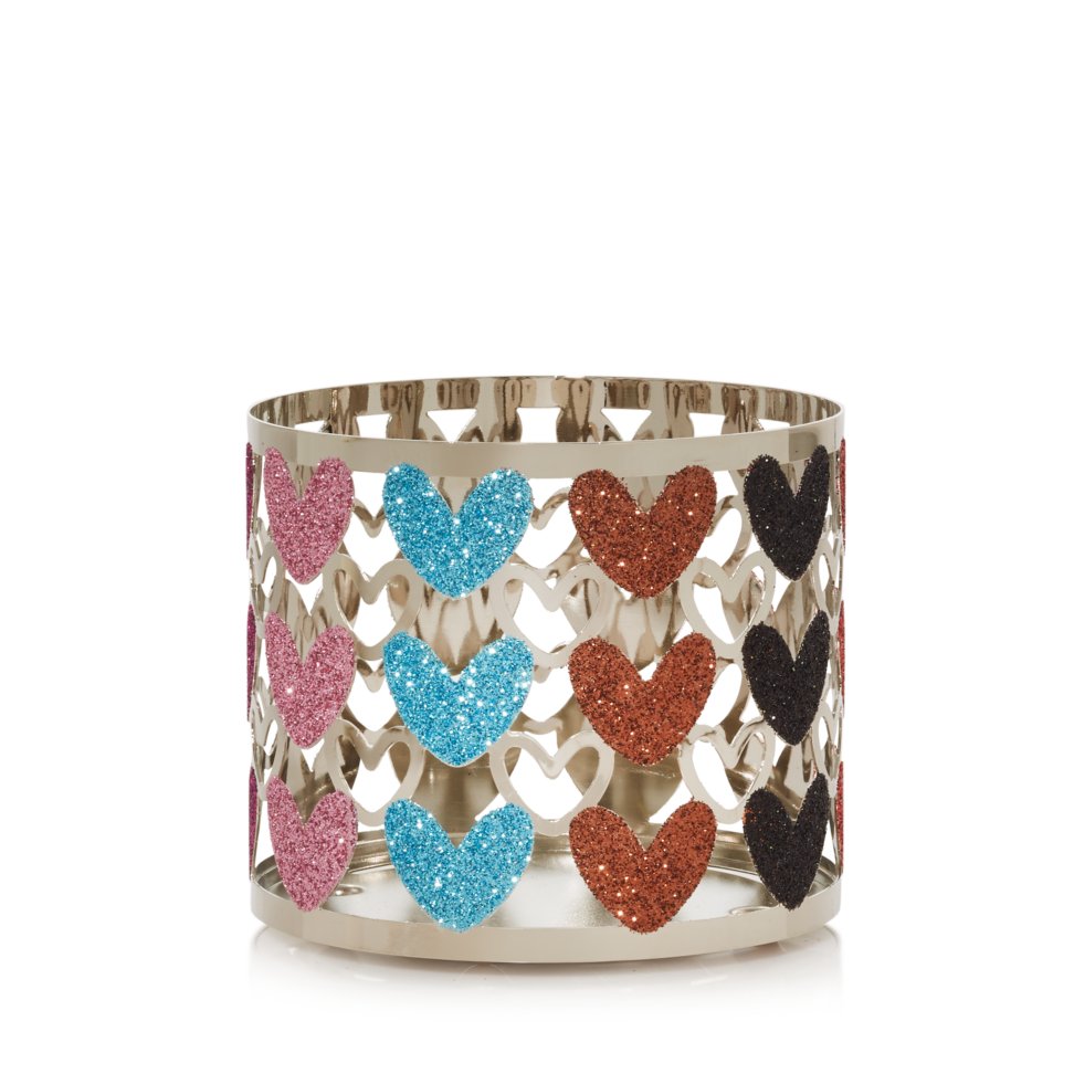 colorful glitter hearts three wick jar candle holder