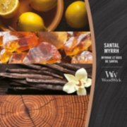 woodwick fragrance in 2D featuring fragrance notes for Santal Myrrh and a photo collage image number 3