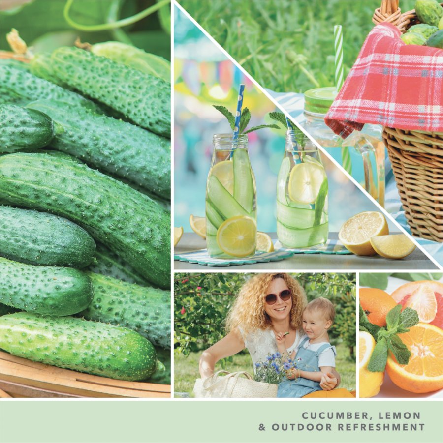 photo collage with text that reads cucumber, lemon, and outdoor refreshment