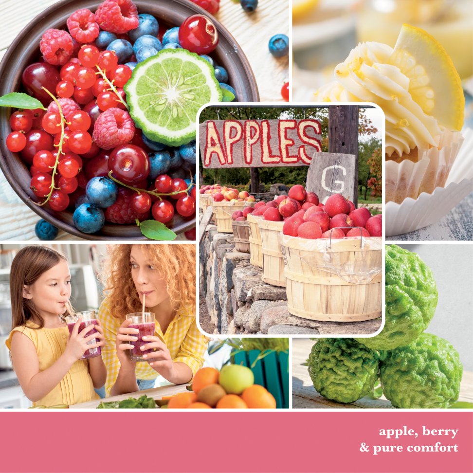 photo collage with text reading apple, berry, and pure comfort