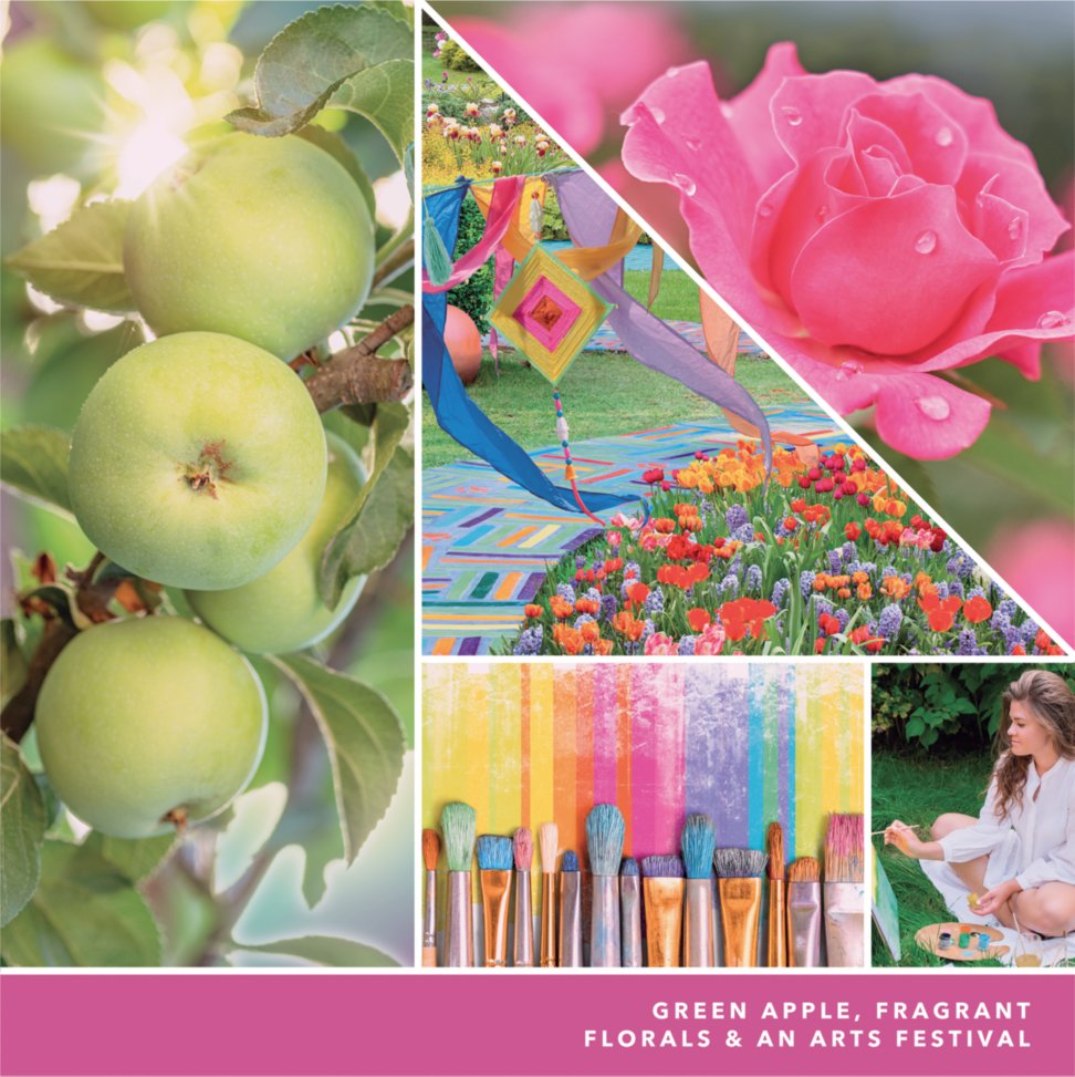 photo collage with text reading green apple, fragrant florals, and an arts festival
