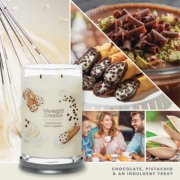photo collage featuring chocolate chip cannoli signature large tumbler candle and text reading chocolate, pistachio, and an indulgent treat image number 3