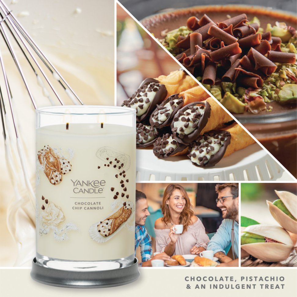 photo collage featuring chocolate chip cannoli signature large tumbler candle and text reading chocolate, pistachio, and an indulgent treat