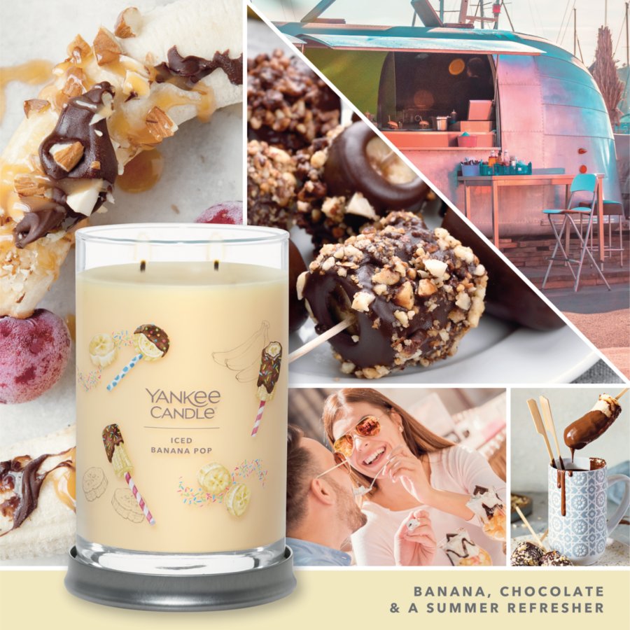 photo collage featuring iced banana pop signature large tumbler candle and text reading banana, chocolate, and a summer refresher