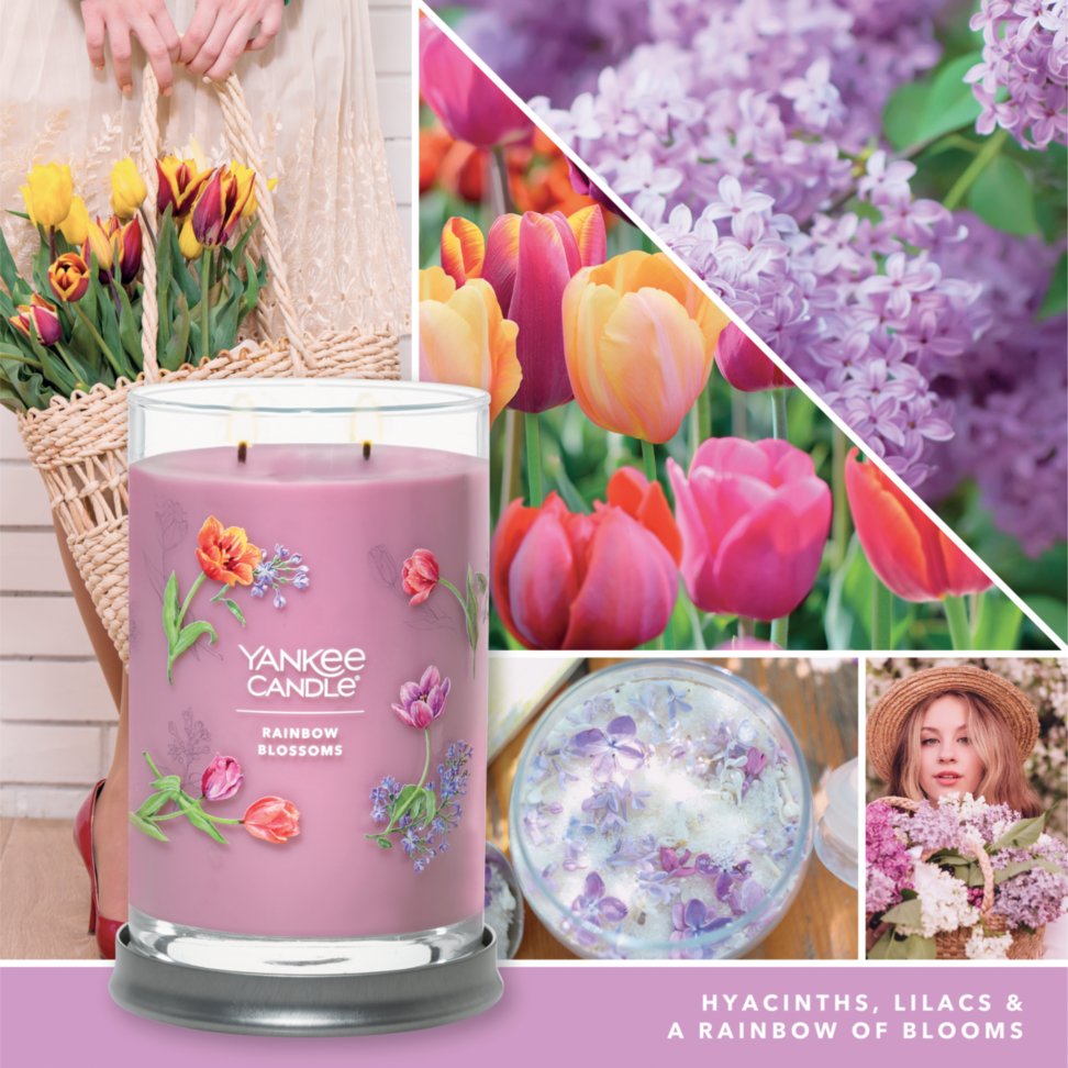 photo collage featuring rainbow blossoms signature large tumbler candle and text reading hyacinths, lilacs, and a rainbow of blooms