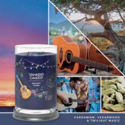 photo collage featuring twilight tunes signature large tumbler candle and text reading cardamom, cedarwood, and twilight magic image number 2