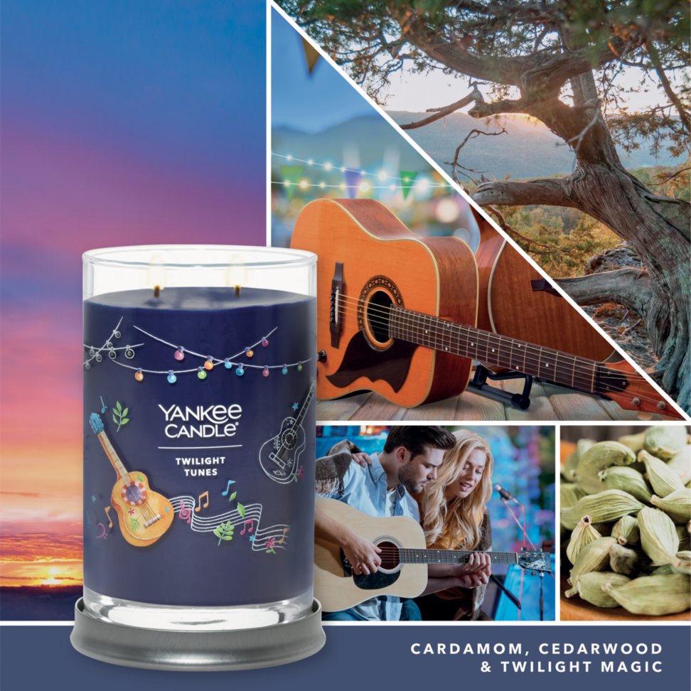 photo collage featuring twilight tunes signature large tumbler candle and text reading cardamom, cedarwood, and twilight magic