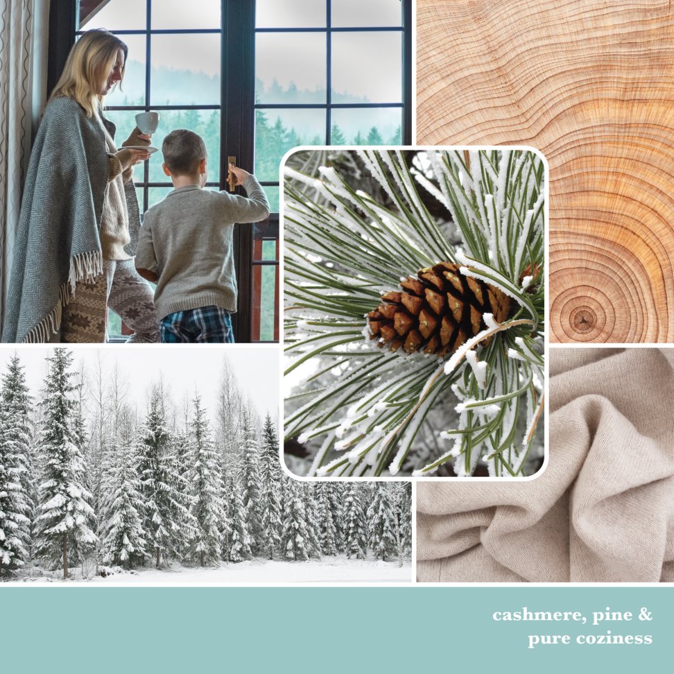 winter photo collage with text that reads cashmere and pine and pure coziness