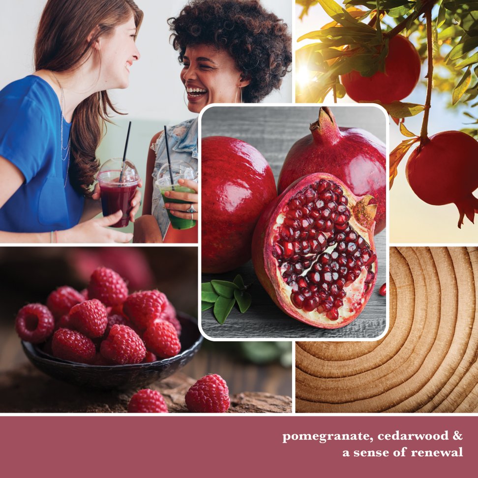 red fruit photo collage with text that reads pomegranate and cedarwood and a sense of renewal