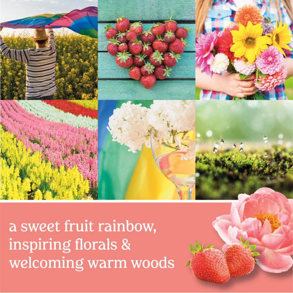 photo collage with text reading a sweet fruit rainbow, inspiring florals and welcoming warm woods