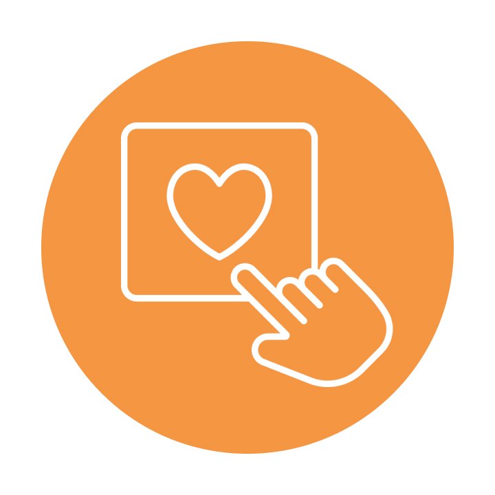 a hand pointing to a heart in a box in an orange circle
