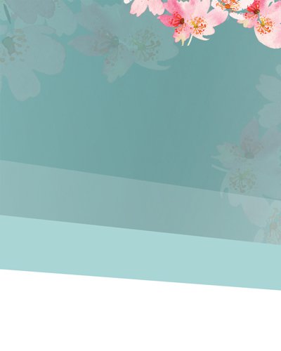 a blue and white background with pink flowers in the corner