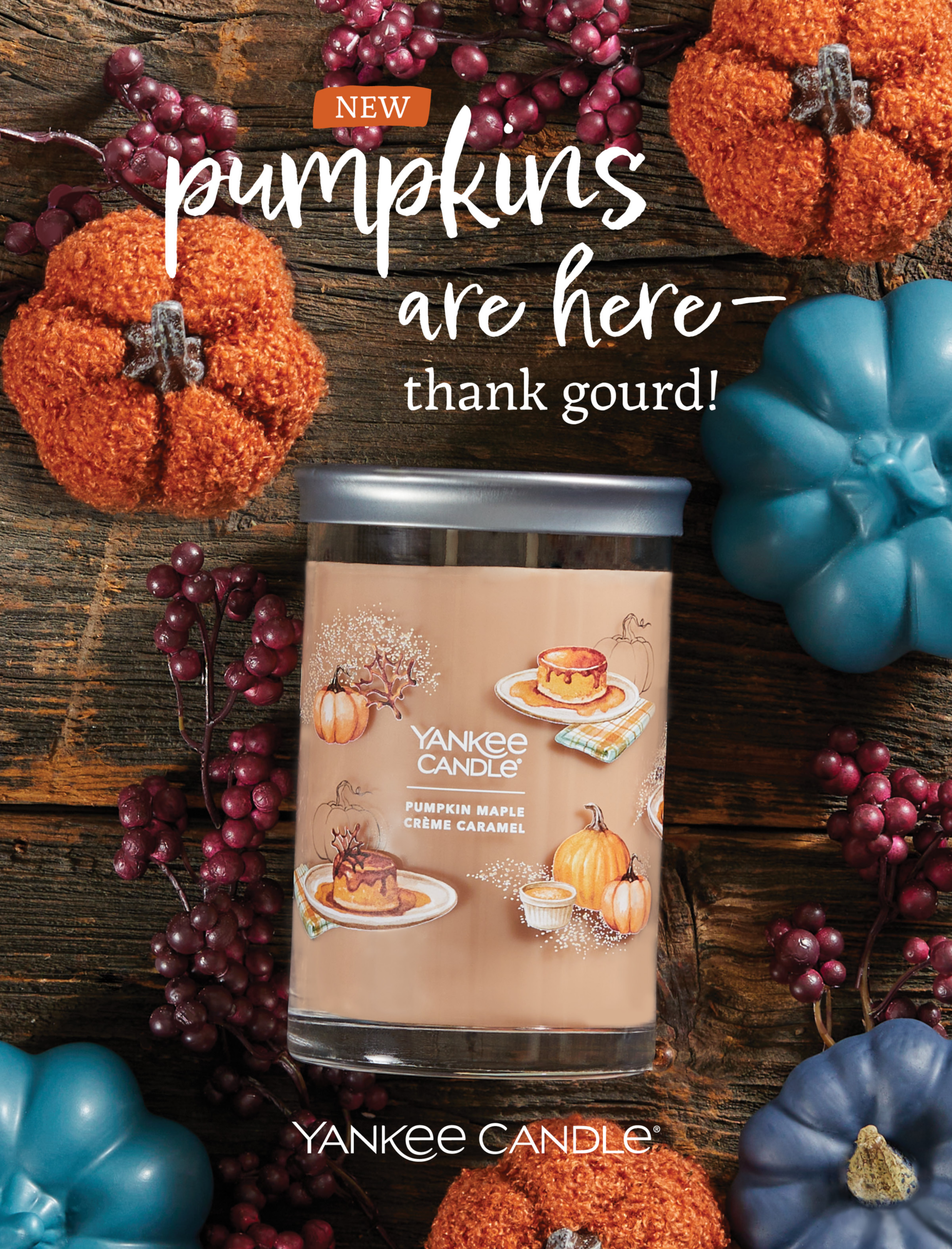 text reading pumpkins are here — thank gourd! with a pumpkin maple creme caramel signature large tumbler candle surrounded by decorative blue and orange pumpkins