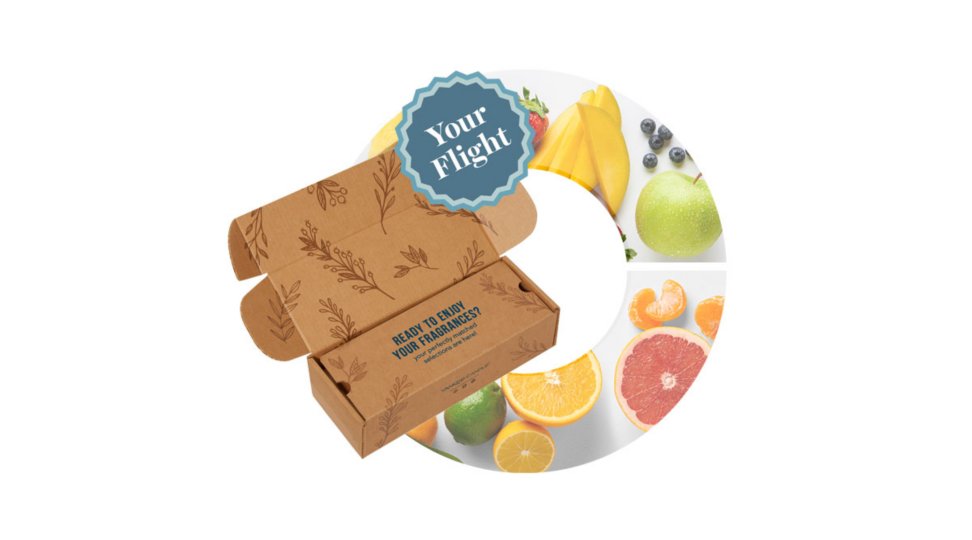 fragrance flight wheel with fruity and citrus imagery