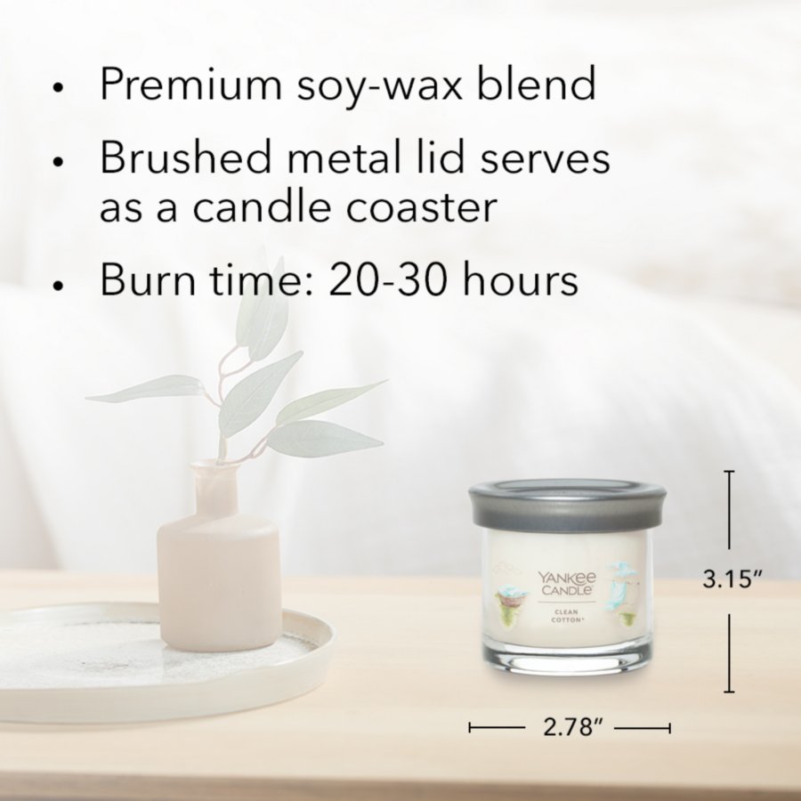 clean cotton signature small tumbler candle with product information