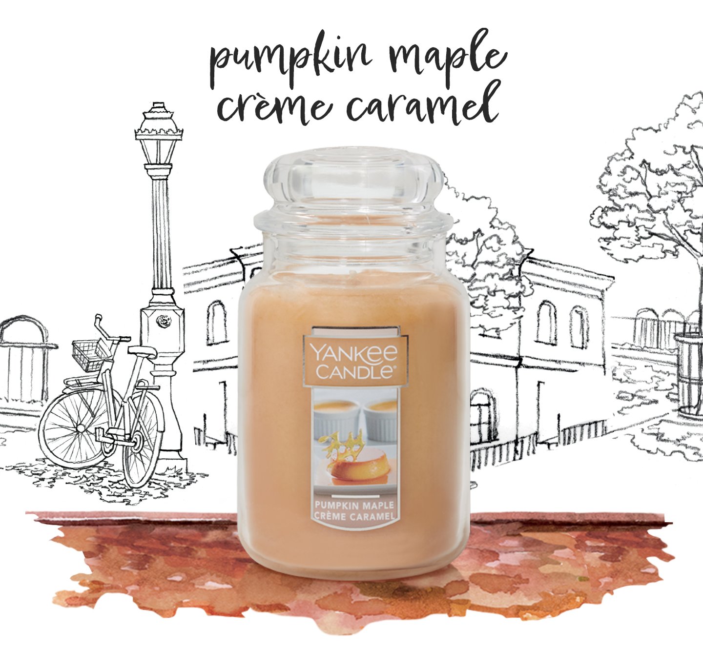 pumpkin maple creme caramel signature large tumbler candle in illustrated city park scene
