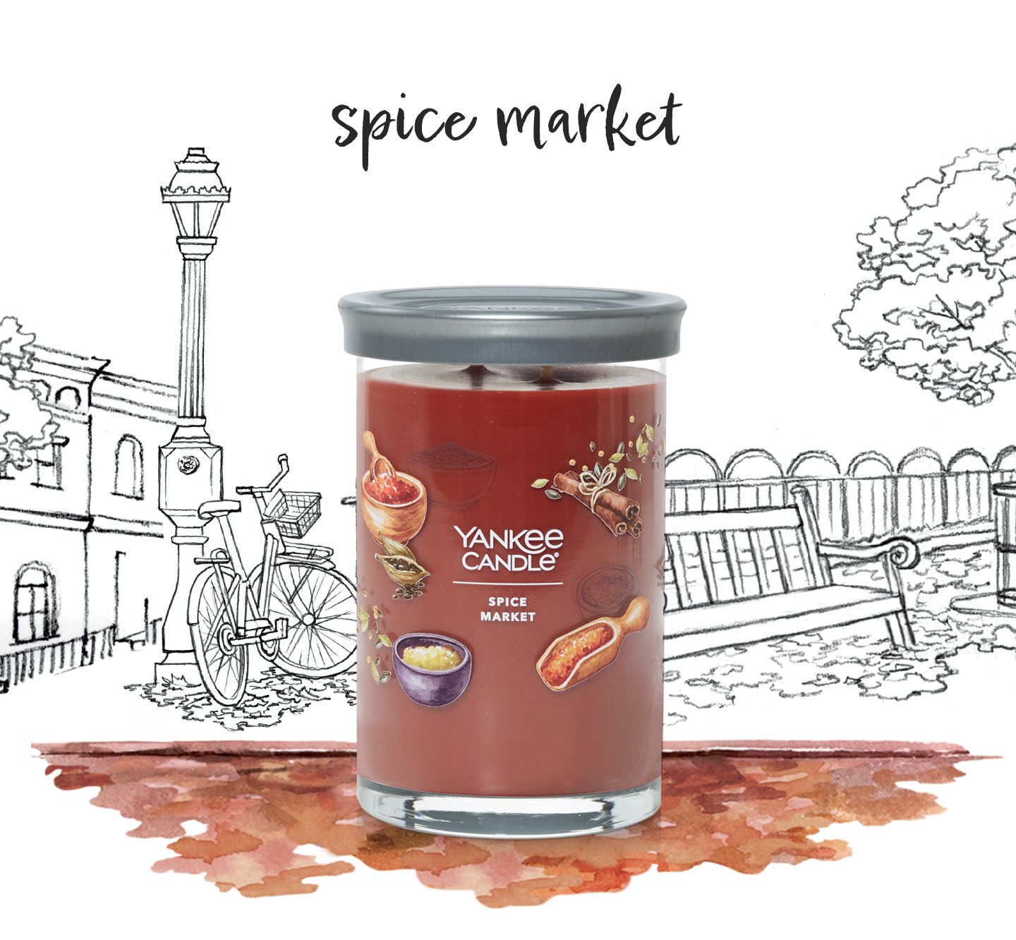 spice market signature large tumbler candle in illustrated city park scene