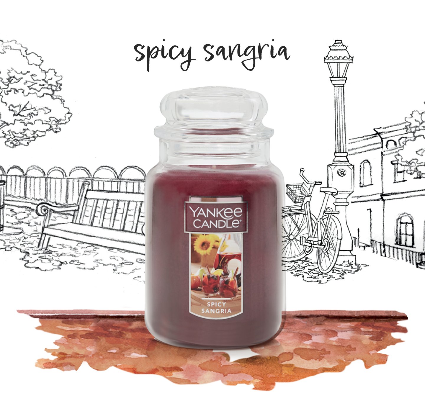 spicy sangria signature large tumbler candle in illustrated city park scene