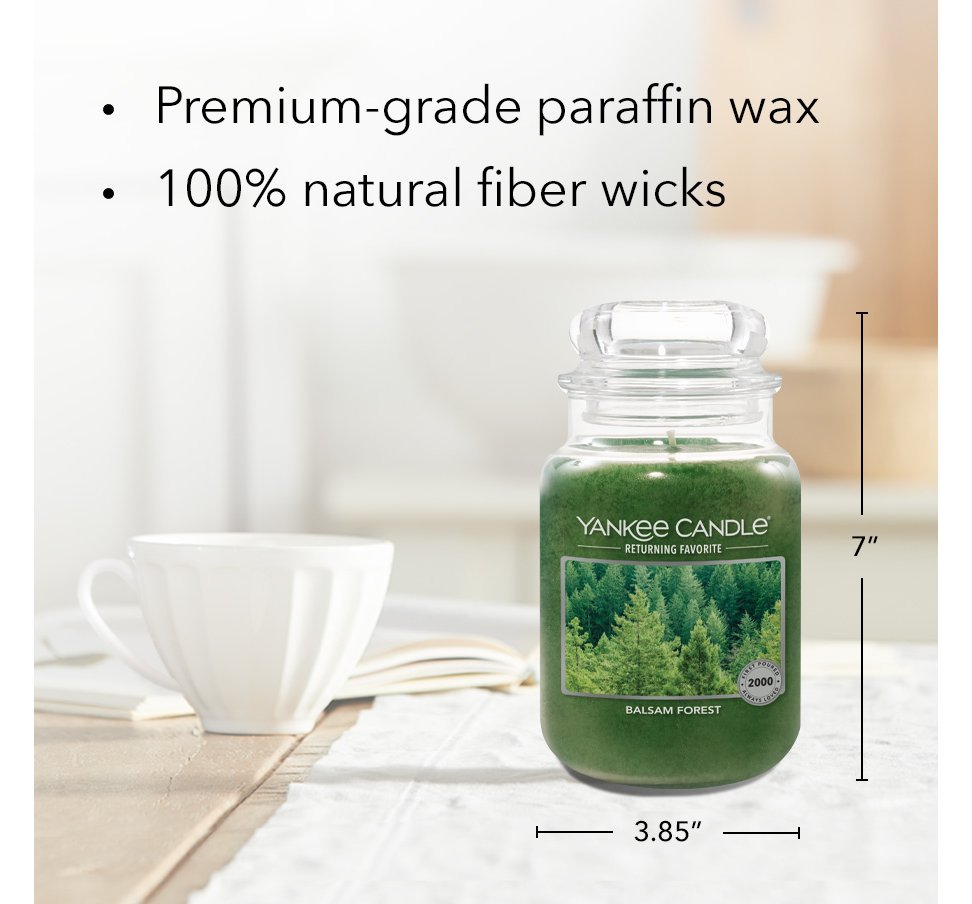 balsam forest original large jar candle with product information