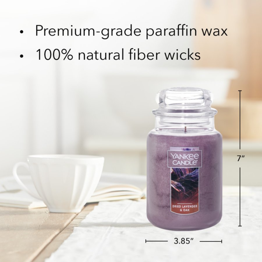 dried lavender and oak original large jar candle with product information
