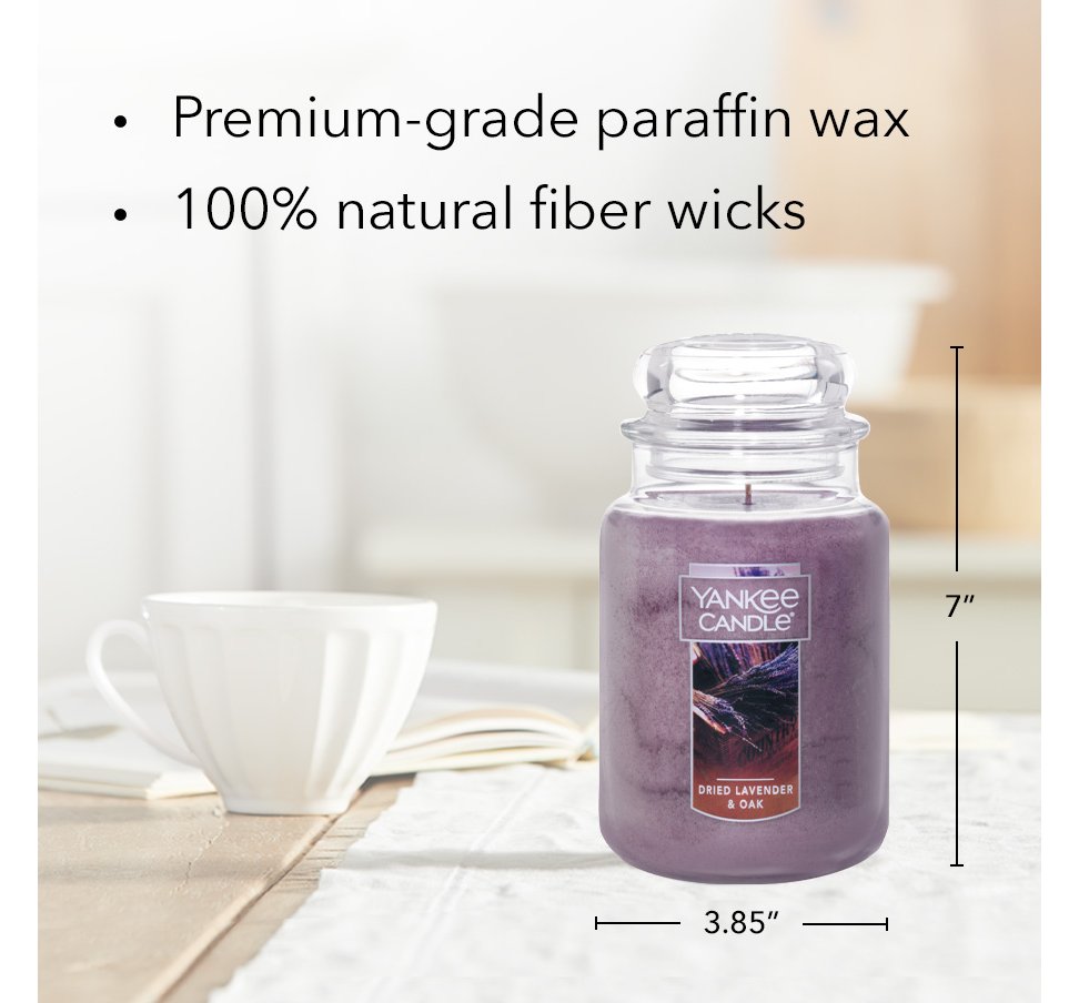 dried lavender and oak original large jar candle with product information