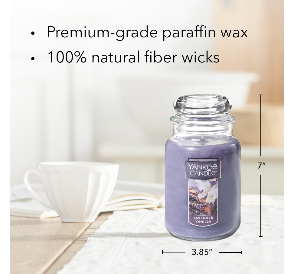 lavender vanilla original large jar candle with product information