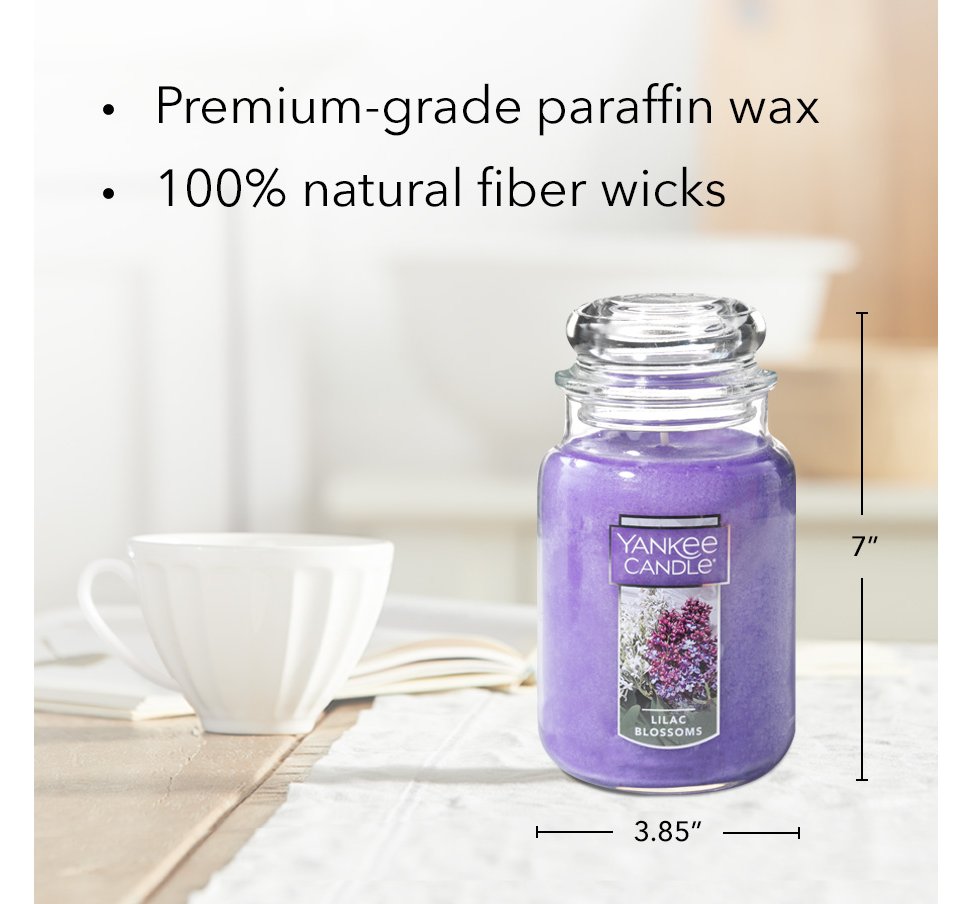 lilac blossoms original large jar candle with product information