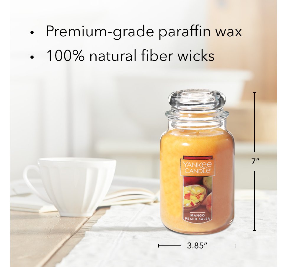 mango peach salsa original large jar candle with product information