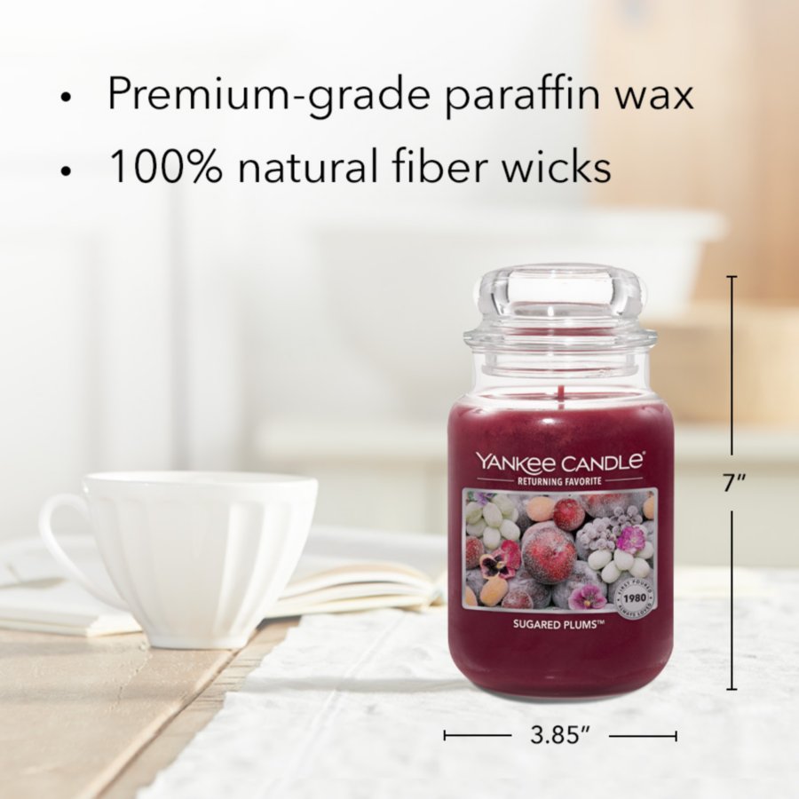 sugared plums original large jar candle with product information