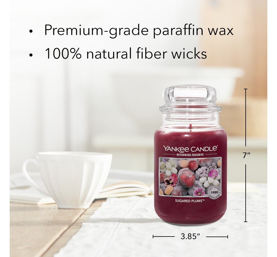 sugared plums original large jar candle with product information