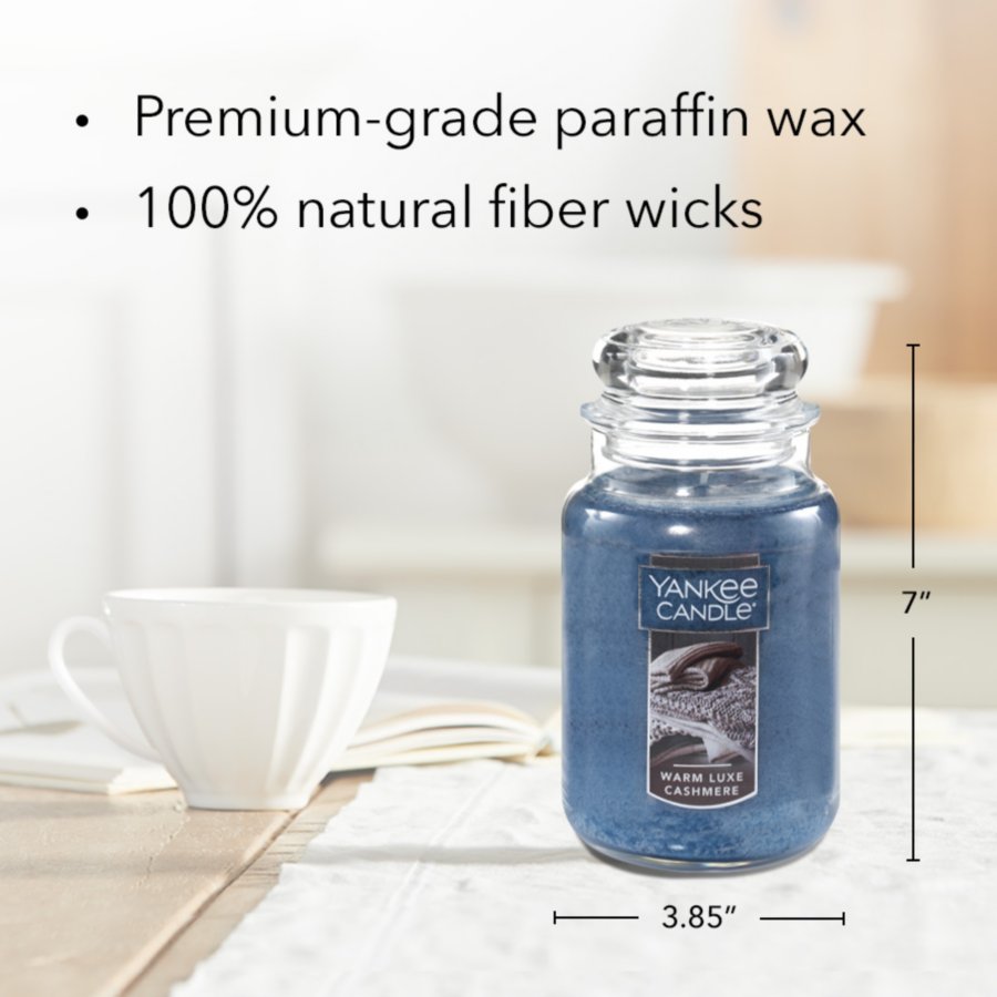 warm luxe cashmere original large jar candle with product information