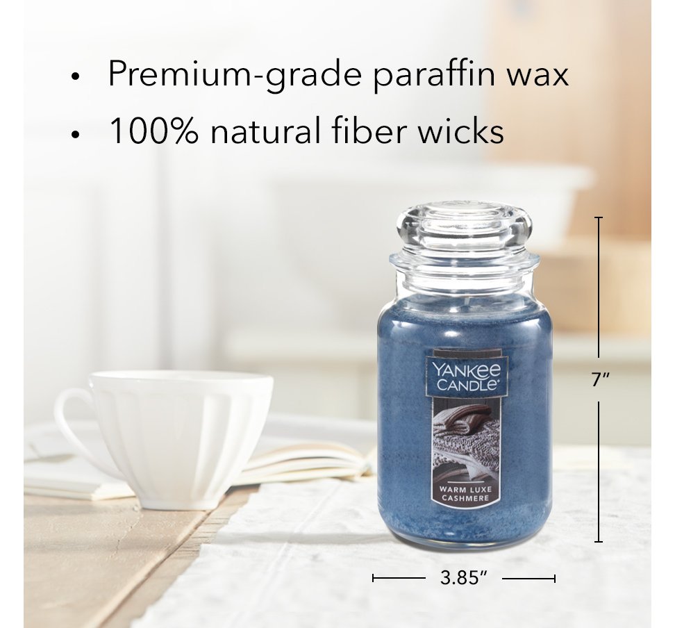 warm luxe cashmere original large jar candle with product information