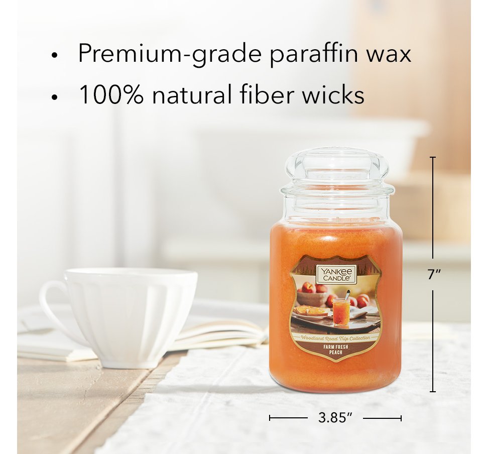 farm fresh peach original large jar candle with product information