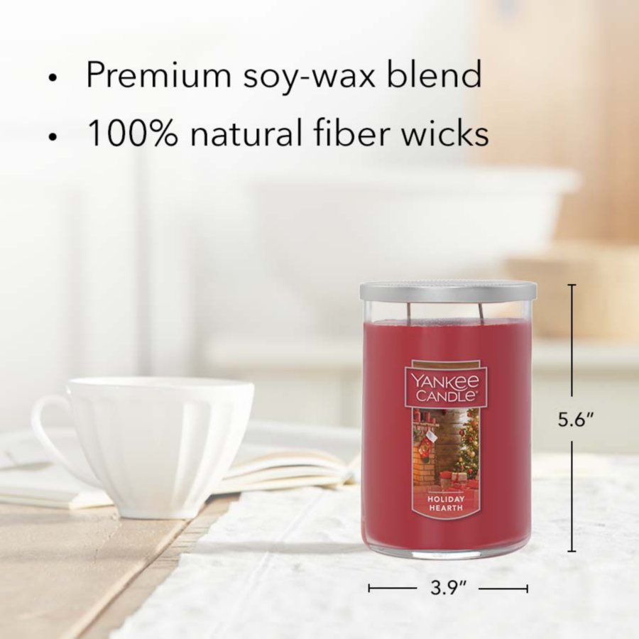 holiday hearth large two wick tumbler candle with product information
