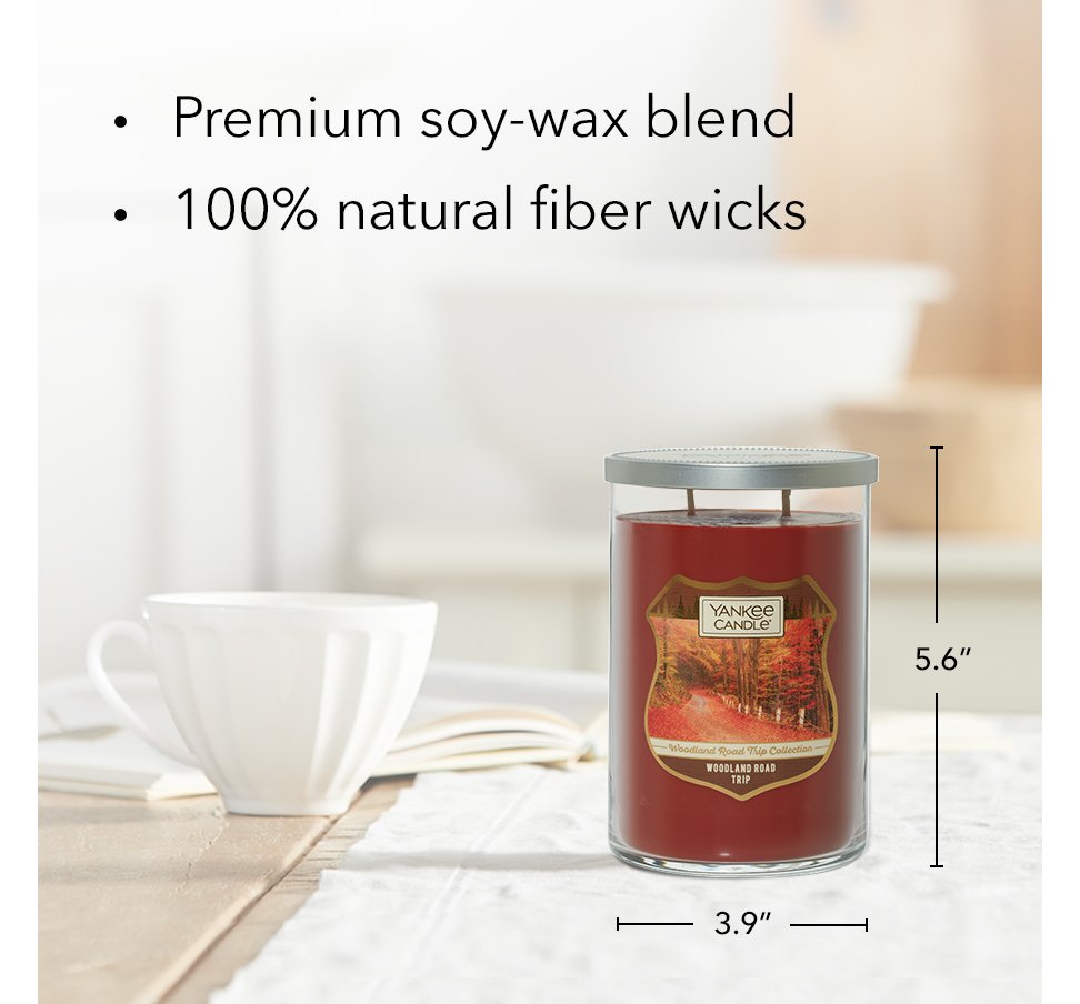 woodland road trip large two-wick tumbler candle with product information